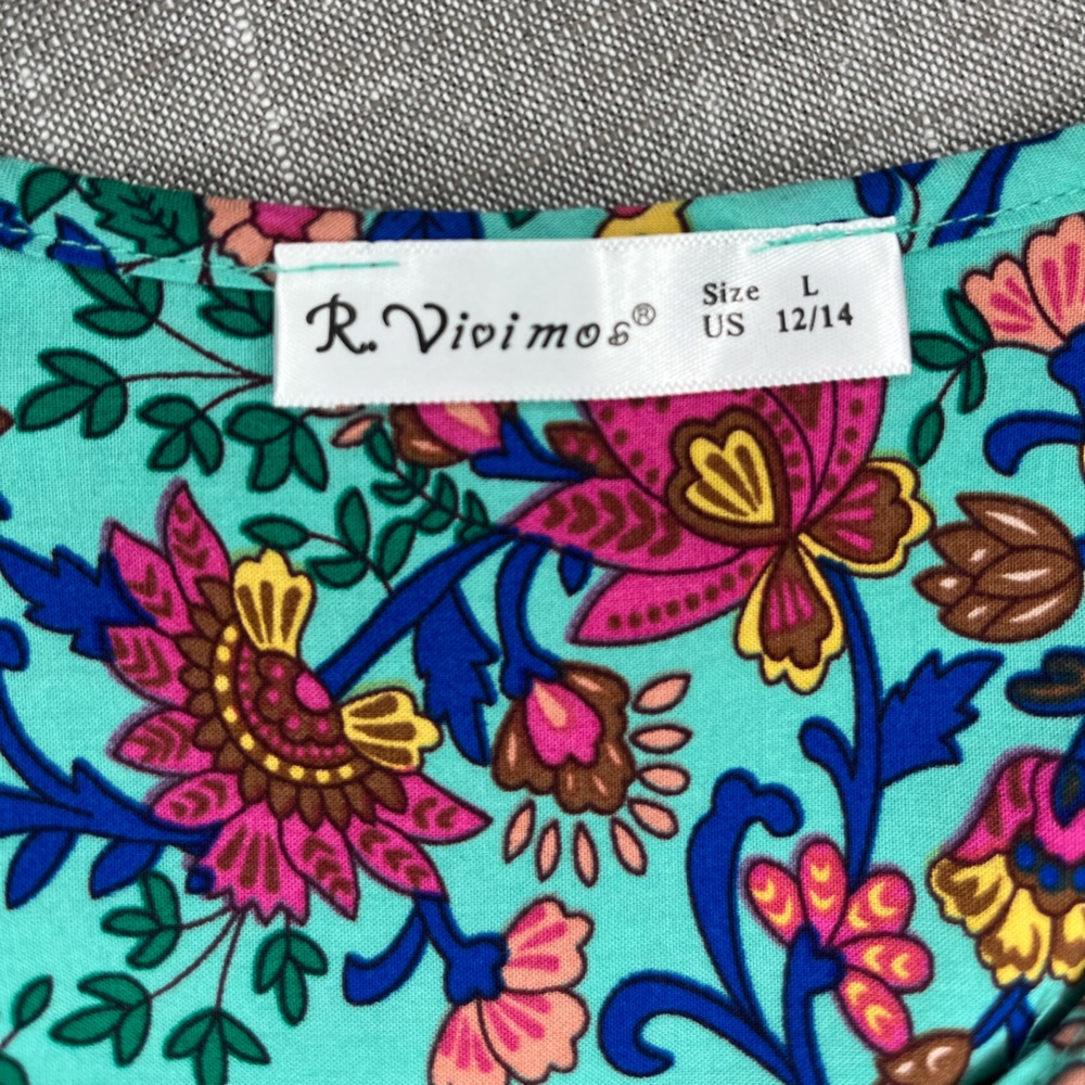 R VIVIMOS Bohemian Floral Midi Dress in Teal Size L - Picture 10 of 10